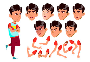Asian AsianTeen Boy Vector. Teenager. Face. Children. Face Emotions, Various Gestures. Animation Creation Set. Isolated Flat Cartoon Character Illustration