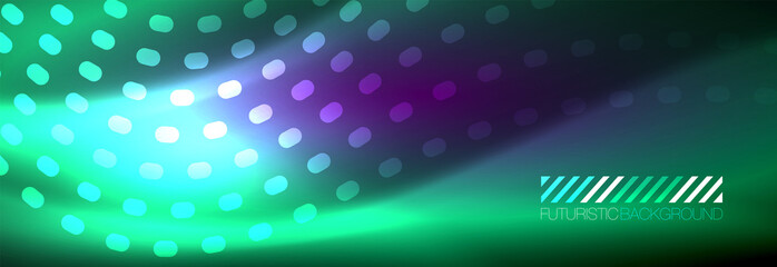 Glowing abstract wave on dark, shiny motion, magic space light. Vector techno abstract background