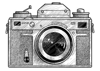 Retro film photo camera illustration, drawing, engraving, ink, line art, vector