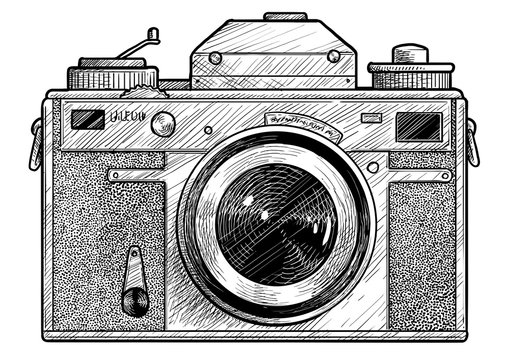 Retro film photo camera illustration, drawing, engraving, ink, line art, vector