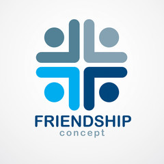 Teamwork and friendship concept created with simple geometric elements as a people crew. Vector icon or logo. Unity and collaboration idea, dream team of business people blue design.