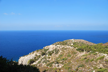 View of the sea from the stone walls of the ruins of Kritinia Castle, Kritinia Village, Rhodes Island, Greece