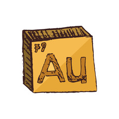 Vector three-dimensional hand drawn chemical symbol of gold or aurum with an abbreviation Au from the periodic table of the elements isolated on a white background.