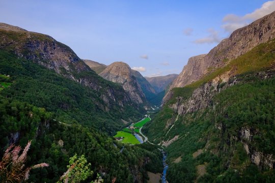 Beautiful view on Naeroydalen Valley and Peaks On Stalheim, Voss Norway