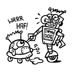 Robot on a walk with a robotic dog, pet walking, black and white cartoon