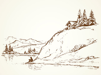 Firs on hill above river. Vector drawing