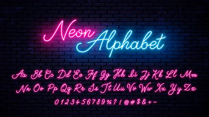 Fotobehang Retro compositie Vector neon alphabet on wall background
