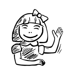Schoolgirl smiled and raised his hand to answer. Vector black illustration.