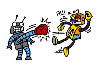 Robots are fighting the boxing match, winner celebrates, color cartoon