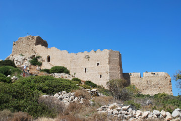 General view of the hill with the ruins of Kritinia Castle, Kritinia Village, Rhodes Island, Greece
