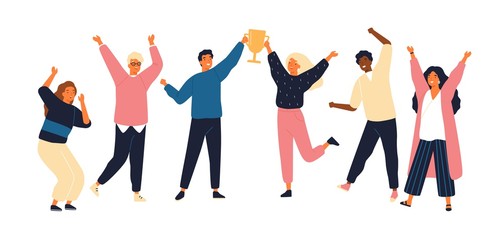 Group of young joyful people with champion cup isolated on white background. Happy positive men and women celebrating victory and rejoicing together. Successful teamwork. Flat vector illustration.