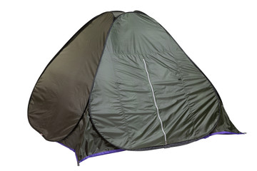there is a green tent, stretched, on a white background