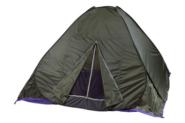 a large green tent in the unfolded state, the door is open, on a white background