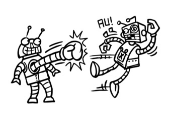 Fototapeta na wymiar Robots are fighting the boxing match, winner celebrates, black and white cartoon