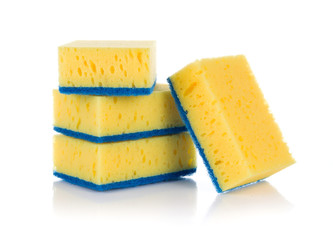 Group of yellow sponges for cleaning ware isolated on white background