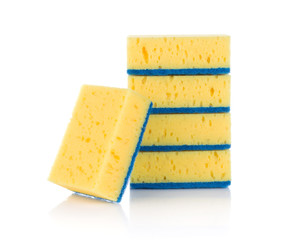 Group of yellow sponges for cleaning ware isolated on white background