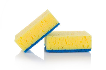 Group of yellow sponges for cleaning ware isolated on white background