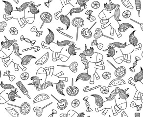 Vector  unicorns and  lollipop caramel, candy seamless  pattern, black silhouettes.