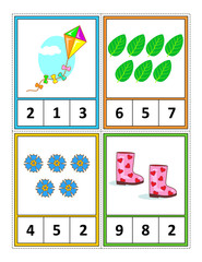 Spring season themed counting 1 to 10 practice for kids worksheet or four task cards (when cut along the dotted lines): Count. Circle the correct answer. - Language independent.