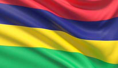 Flag of Mauritius. Waved highly detailed fabric texture. 3D illustration.