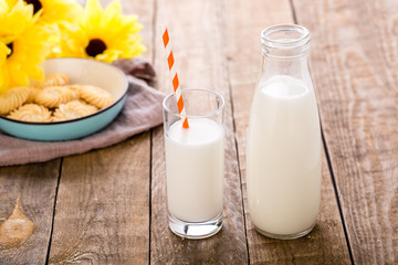 Glass and Bottle of fresh milk with straw 
