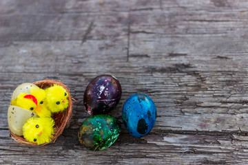 Happy Easter with Rustic still life - easter eggs with birds nest on an old wooden board. Spring, Easter concept.