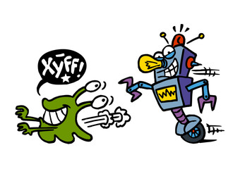 Robot with an alien play a game of hunting, color cartoon