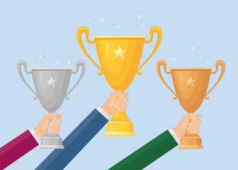 Trophy cup in hand. Gold,silver, bronze goblet isolated on background. Awards for winner, champion. Concept of victory, award, championship, leadership, achievement. Vector flat design