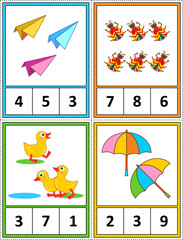 Spring season themed counting 1 to 10 practice for kids worksheet or four task cards (when cut along the dotted lines): Count. Circle the correct answer. - Language independent.