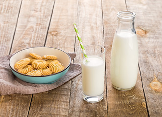 A glass of milk with milk bottle and cookies on wooden table