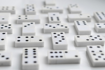 Domino pieces are neatly laid out on a white surface