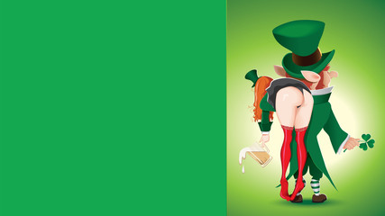 Happy St. Patrick's Day-cartoon of leprechaun boy and girl next to green blank signboard,leprechaun carries a drunken girl over her shoulder