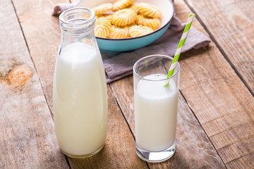 A glass of milk with milk bottle and cookies on wooden table