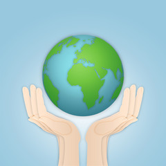 Hands hold the world isolated on blue background as Saving , Love the earth and Ecology concept. vector illustration.