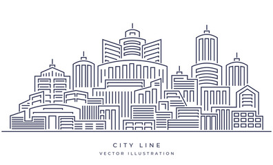 Line modern urban big city panorama with color building on background. Outline skyscrapers. vector illustration