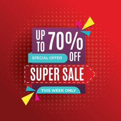 Super Sale, this weekend special offer banner, up to 70% off. Vector illustration