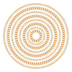 Round pattern made with golden chains and pearls. On white. Vector illustration