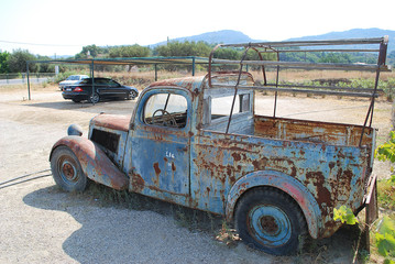 Side View of Old Rusty Car Pickup, Rhodes Island, Greece