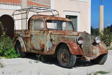 General view of an old rusty pickup car, Rhodes Island, Greece