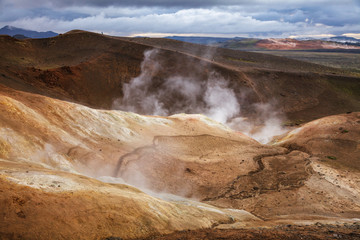 Steaming fumarole on rhyolite formation Krafla volcanic area Myvatn region Northeastern Iceland Scandinavia
