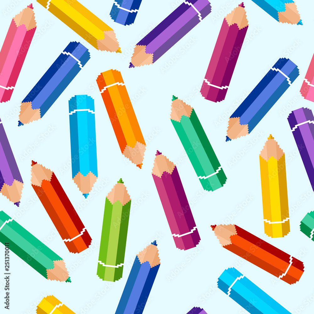 Poster seamless vector pattern with little colorful pixel art pencils. chaotic texture.