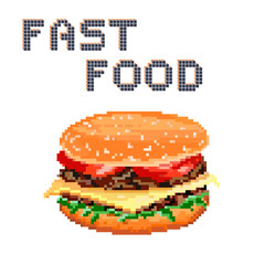 Vector hamburger on white background, pixel art style. Icon fast food. 8bit