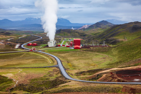 Steaming cooling tower at Krafla geothermal power plant  Northeastern Iceland Scandinavia