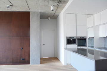 Modern kitchen with wooden floor, electric oven, table,  electic stove and coffee machine. Modern kithen interior.