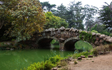 Victorian stone bridge over Stow Lake, Golden Gate Park San Francisco