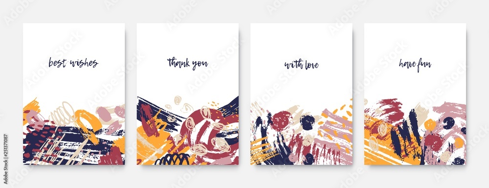 Poster collection of postcard templates with inspiring phrases or messages and abstract chaotic rough brush