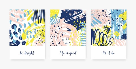 Bundle of decorative card templates with motivational phrases or messages and abstract stains, blots, brushstrokes, scribble, paint traces. Stylish vector illustration in contemporary art style. © Good Studio