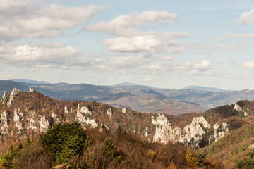 view to Moravskoslezske Beskydy mountains from Kecka hill in Sulovske skaly mountains in Slovakia during autumn