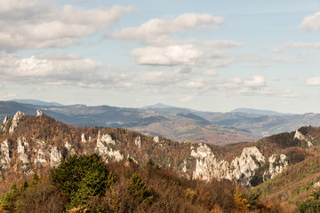 Fototapeta na wymiar view to Moravskoslezske Beskydy mountains from Kecka hill in Sulovske skaly mountains in Slovakia during autumn