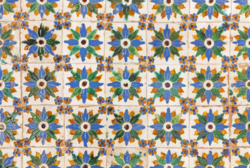 SEVILLE, SPAIN - OCTOBER 28, 2014: The detail of tiles in mudejar style in courtyard of Casa de Pilatos.